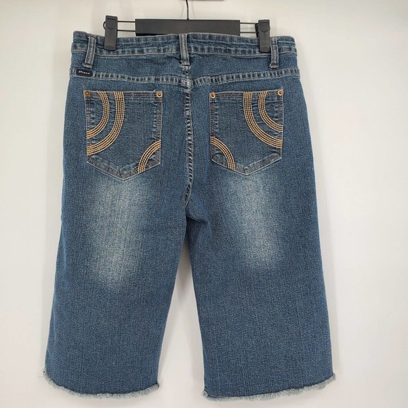 Prana Frayed Denim Shorts Bermuda Large Embroidered Medium Wash Pockets - Picture 3 of 9